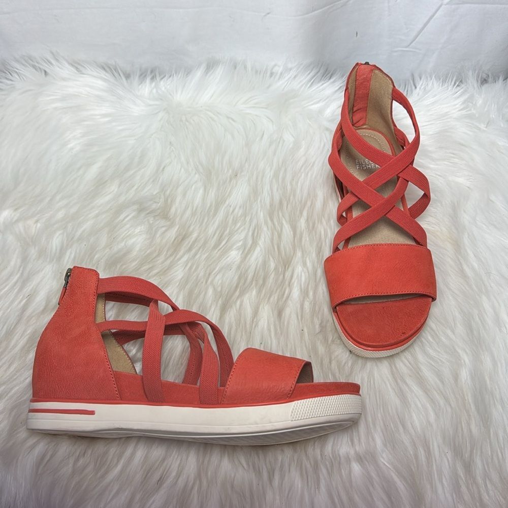 Eileen Fisher Sally Women's Strappy‎ Burnt Orange Wedge Sandals Sz 9